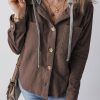 Coffee Hooded Drawstring Pockets Corduroy Shacket