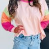 Comfortable Long Sleeve Top - Modern Colorblock Patchwork In Pink