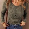 Jungle Green Ribbed Knit Half Button Slim Fit Blouse