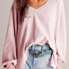 Light Pink Waffle V Neck Long Sleeve Drop Shoulder Loose Blouse