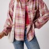 Versatile Women's Casual Shacket - Pink Plaid Print, Long Sleeve