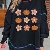 Black Floral Pumpkin Graphic Split Lantern Sleeve Seamed Sweatshirt