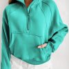 Sea Green Fleece Lined Zip Up Stand Collar Thumbhole Sleeve Sweatshirt