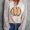 Khaki Leopard Raglan Long Sleeve Floral Pumpkin Graphic Top