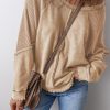 Light French Beige Waffle Knit Patchwork Exposed Seam Raglan Sweatshirt