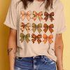 Khaki Halloween Fall Bowknot Graphic Short Sleeve Top