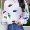 Beige Sequined Rugby Football Pattern O Neck Game Day Sweatshirt