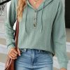 Mint Green Button Front Textured Drawstring Hooded Long Sleeve Top