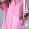 Bonbon Half Zipper Kangaroo Pocket Short Sleeve Hoodie