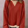 Casual Round Neck Sweatshirt: Unique Color Block Patchwork - Red Clay