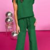 Dark Green Ruffled Sleeve Summer Top And Cropped Loose Pants Set