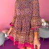 Purple Floral Smocked Puff Sleeve High Neck Mini Dress