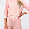 Pink Corded Colorblock Long Sleeve Top And Shorts Set