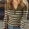 Green Stripe Ribbed Knit Henley Buttons Slim Fit Sweater