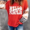 Red Hello Pumpkin Graphic Leopard Striped Colorblock Sleeve V Neck Top