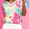 Comfortable Knit Sweater With Flattering V-Neck - Multicolor Floral Print