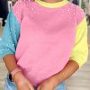 Rose Red Pearled Colorblock Crew Neck Half Sleeve Sweater