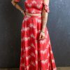 Red Floral Shirred Off Shoulder Crop Top And Slit Maxi Skirt Set