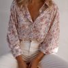 Versatile Women's Spring Shirt - Pink Floral Print, Collared V-Neck