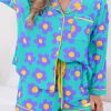 Green Flower Print Long Sleeve Shirt Shorts Pajamas Set