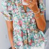 Multicolour Notched Neck Puff Short Sleeve Floral Blouse