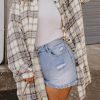 Relaxed Fit Long Sleeve Shacket With Trendy Side Slits - White Plaid Print