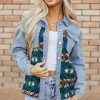 Relaxed Fit Long Sleeve Jean Jacket With Frayed Hemline - Blue