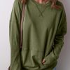 Vineyard Green Drop Shoulder Crisscross Stitching Pocketed Loose Sweatshirt