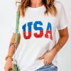 White USA Star And Striped Embroidered Crewneck Graphic Tee