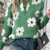 Green Floral Pattern Half Zip Drop Shoulder Sweater