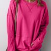 Rose Red Drop Shoulder Crisscross Stitching Pocketed Loose Sweatshirt