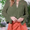 Vineyard Green Open Knit Buttoned Neck Split Sleeve Sweater