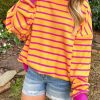 Relaxed Fit Sweater For Daily Wear - Orange And Rose Red Striped