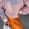 Classic Crew Neck Sweatshirt For Women - Orange Stripe And Relaxed Fit