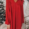 Fiery Red Textured Ruffled Trim V Neck Loose Fit Mini Dress