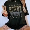 Comfortable And Bold Black Round Neck T-Shirt With Star Prints And HOWDY COWBOY Motif