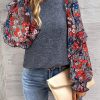 Feminine And Romantic Long Sleeve Blouse With Crew Neck - Blue Floral Pattern