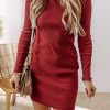 Flattering High Neck Mini Dress: Ribbed Knit, Long Sleeve - Racing Red