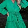 Elegant Long Sleeve Dress: Sea Green V-Neck With Drawstring Waist