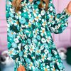 Green Floral Tiered Long Puff Sleeve Shirt Dress