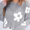 Light Grey Big Flower Hollowed Knit Drop Shoulder Sweater