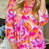 Pink Abstract Print Tab Sleeve Notched Neck Blouse