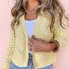 Yellow Cream Pointelle Knit Open Front Short Cardigan