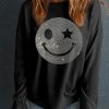 Black Rhinestone Smile Face Graphic Drop Shoulder Sweatshirt