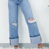 Dusk Blue High Rise Asymmetric Button Zip Fly Ripped Jeans