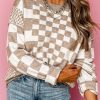 Cozy And Modern Women's Fall Sweater - Khaki Checkered Print