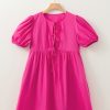 Bright Pink Puff Sleeve Tie Front High Waist Mini Dress for Women - Image 7