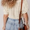 Chic Women's Beige Hollowed Pattern Knit Short Puff Sleeve Sweater - Image 2