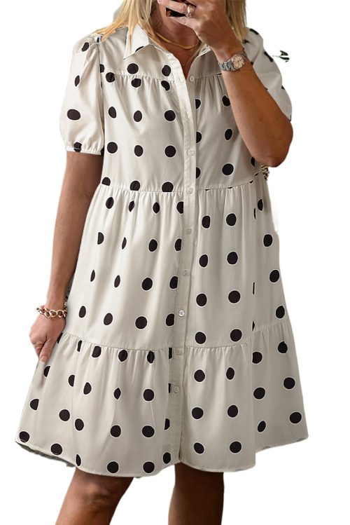 Women's White Polka Dot Print Short Sleeve Collared Buttoned Tiered Babydoll Dress