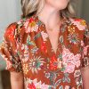 Women's Plus Size Brown Floral V Neck Blouse with Frilled Trim and Puff Short Sleeves - Image 6